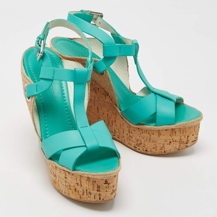 Pre Owned Ralph Lauren Turquoise Leather and Jute Cork Wedge Ankle Strap Sandals Size 37.5