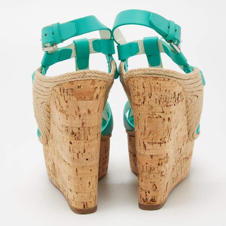 Pre Owned Ralph Lauren Turquoise Leather and Jute Cork Wedge Ankle Strap Sandals Size 37.5