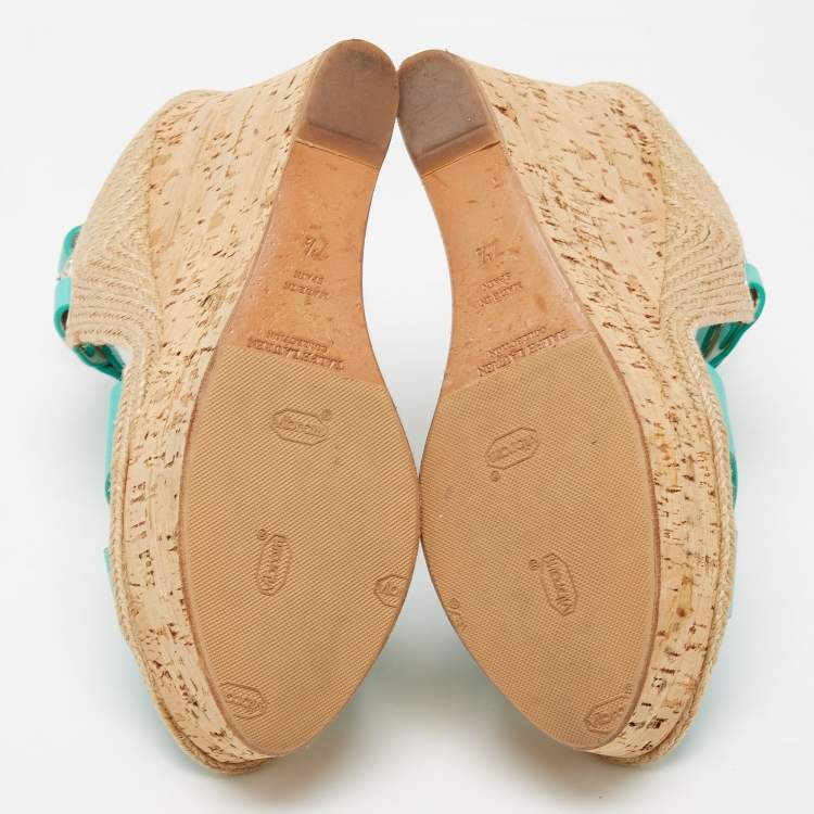 Pre Owned Ralph Lauren Turquoise Leather and Jute Cork Wedge Ankle Strap Sandals Size 37.5