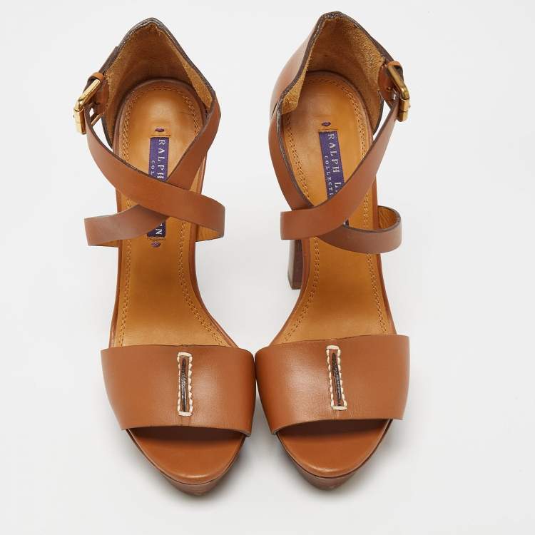 Pre Owned Ralph Lauren Collection Brown Leather Alannah Platform Ankle Strap Sandals Size 36