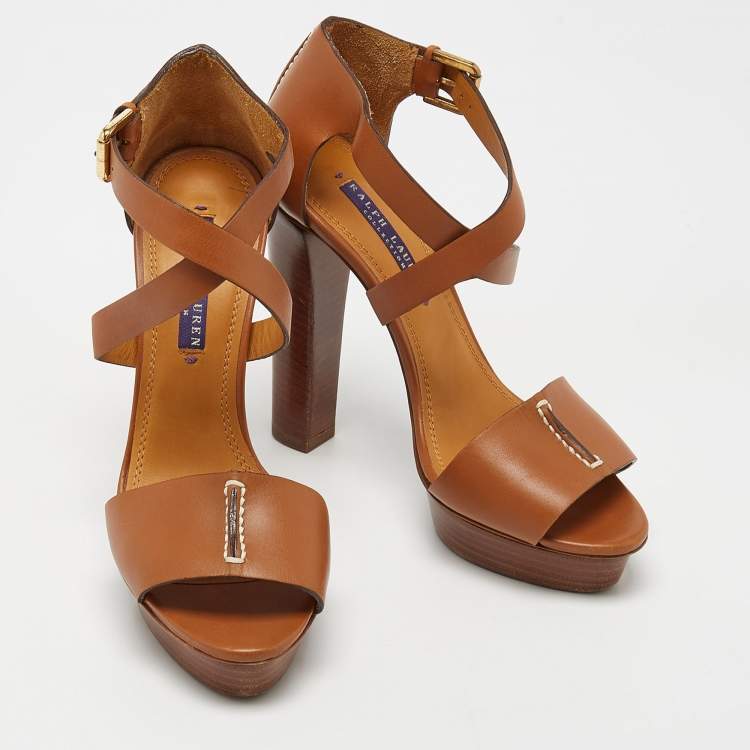 Pre Owned Ralph Lauren Collection Brown Leather Alannah Platform Ankle Strap Sandals Size 36