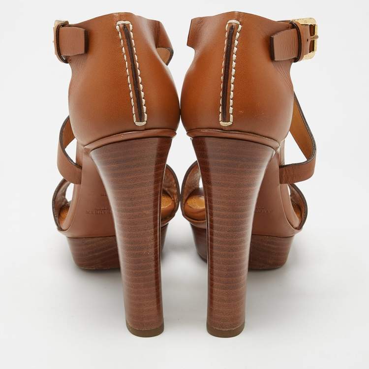 Pre Owned Ralph Lauren Collection Brown Leather Alannah Platform Ankle Strap Sandals Size 36