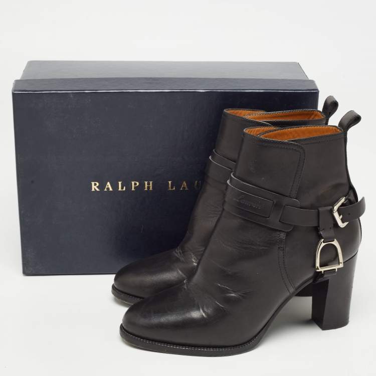 Pre Owned Ralph Lauren Black Leather Buckle Ankle Boots Size 37