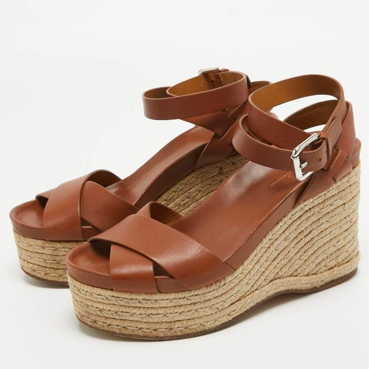 Pre Owned Ralph Lauren Brown Leather Espadrille Wedge Platform Ankle Strap Sandals Size 38