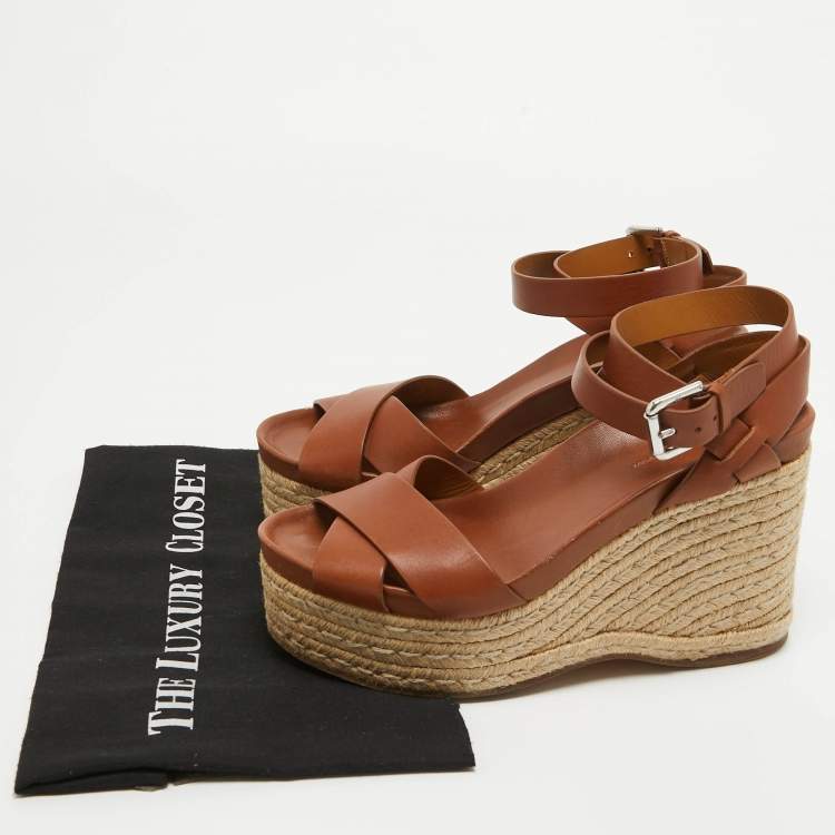 Pre Owned Ralph Lauren Brown Leather Espadrille Wedge Platform Ankle Strap Sandals Size 38