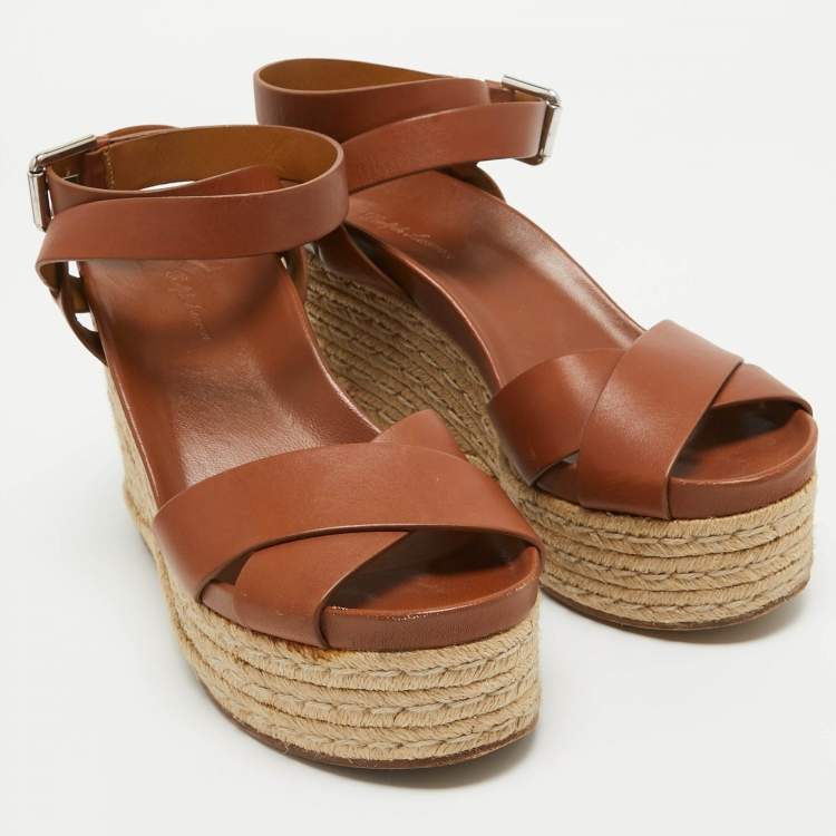 Pre Owned Ralph Lauren Brown Leather Espadrille Wedge Platform Ankle Strap Sandals Size 38