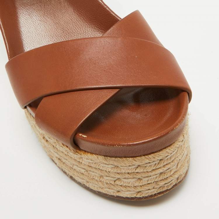 Pre Owned Ralph Lauren Brown Leather Espadrille Wedge Platform Ankle Strap Sandals Size 38