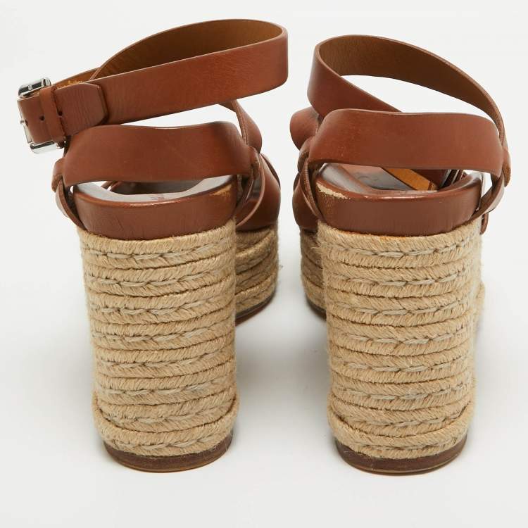 Pre Owned Ralph Lauren Brown Leather Espadrille Wedge Platform Ankle Strap Sandals Size 38