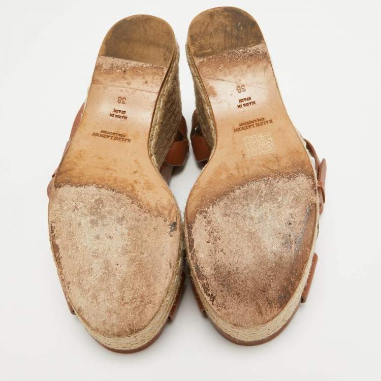 Pre Owned Ralph Lauren Brown Leather Espadrille Wedge Platform Ankle Strap Sandals Size 38