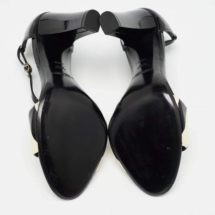 Pre Owned Ralph Lauren Black/White Patent Leather T Strap Sandals Size 40