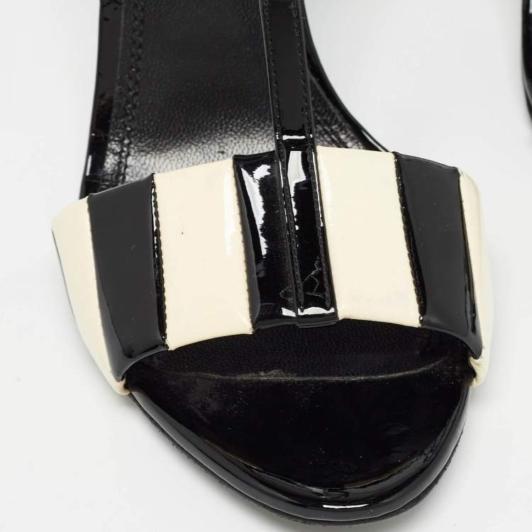 Pre Owned Ralph Lauren Black/White Patent Leather T Strap Sandals Size 40