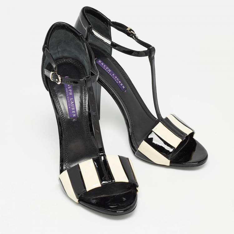 Pre Owned Ralph Lauren Black/White Patent Leather T Strap Sandals Size 40