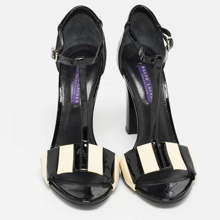 Pre Owned Ralph Lauren Black/White Patent Leather T Strap Sandals Size 40