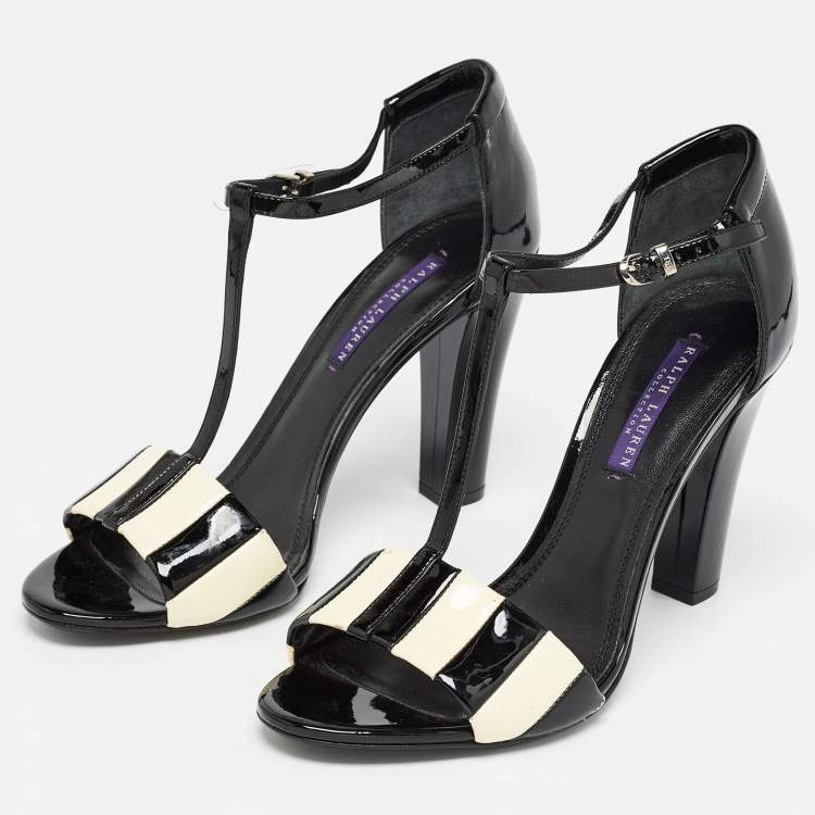 Pre Owned Ralph Lauren Black/White Patent Leather T Strap Sandals Size 40