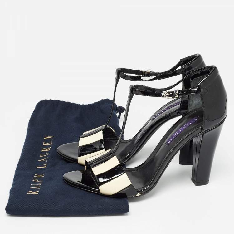 Pre Owned Ralph Lauren Black/White Patent Leather T Strap Sandals Size 40