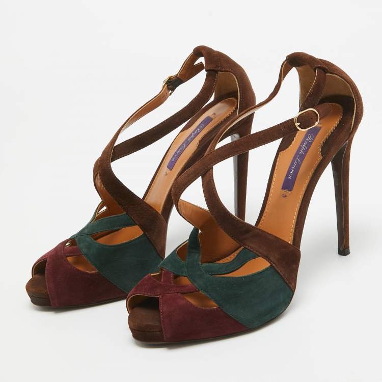 Pre Owned Ralph Lauren Tricolor Suede Cut Out Ankle Strap Sandals Size 38