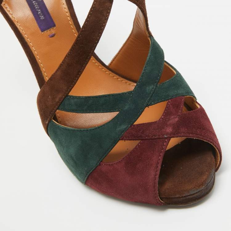 Pre Owned Ralph Lauren Tricolor Suede Cut Out Ankle Strap Sandals Size 38