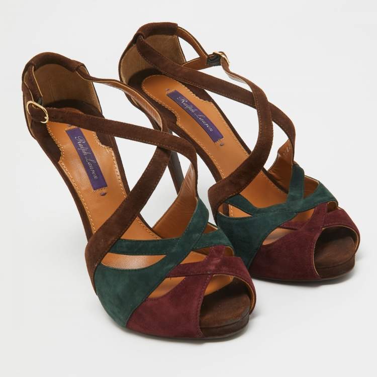 Pre Owned Ralph Lauren Tricolor Suede Cut Out Ankle Strap Sandals Size 38