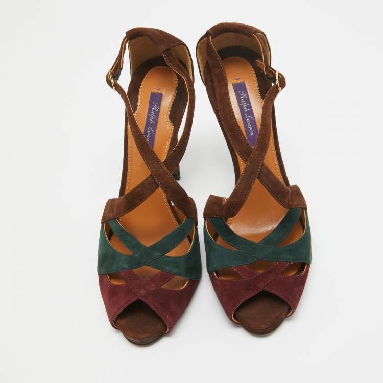 Pre Owned Ralph Lauren Tricolor Suede Cut Out Ankle Strap Sandals Size 38