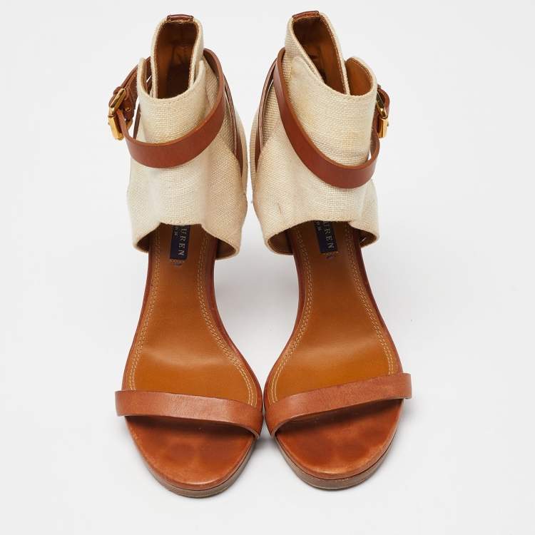 Pre Owned Ralph Lauren Collection Beige/Brown Canvas and Leather Platform Ankle Strap Sandals Size 37.5