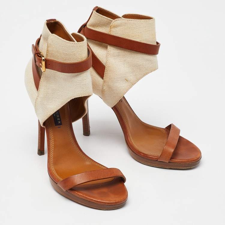 Pre Owned Ralph Lauren Collection Beige/Brown Canvas and Leather Platform Ankle Strap Sandals Size 37.5