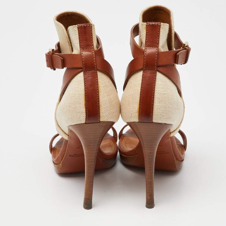 Pre Owned Ralph Lauren Collection Beige/Brown Canvas and Leather Platform Ankle Strap Sandals Size 37.5