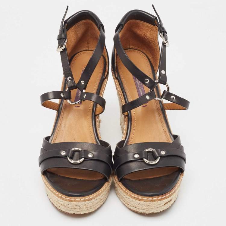Pre Owned Ralph Lauren Black Leather Wedge Platform Espadrille Ankle Strap Sandals Size 39.5