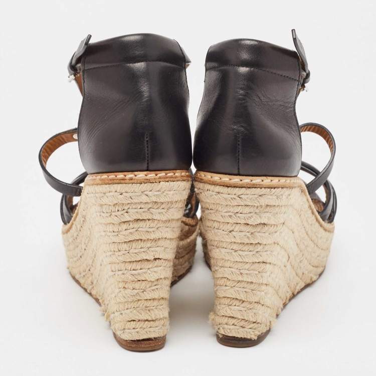 Pre Owned Ralph Lauren Black Leather Wedge Platform Espadrille Ankle Strap Sandals Size 39.5
