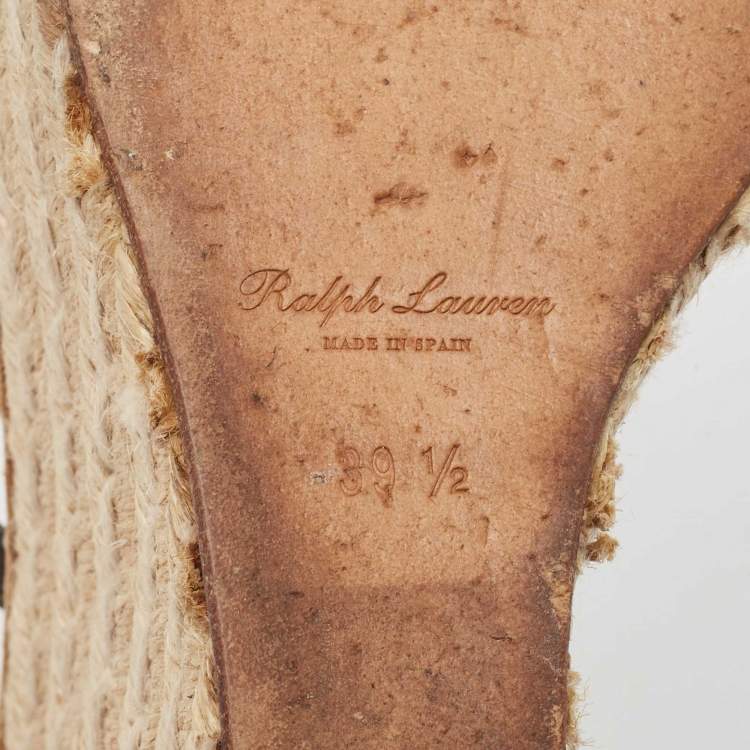 Pre Owned Ralph Lauren Black Leather Wedge Platform Espadrille Ankle Strap Sandals Size 39.5