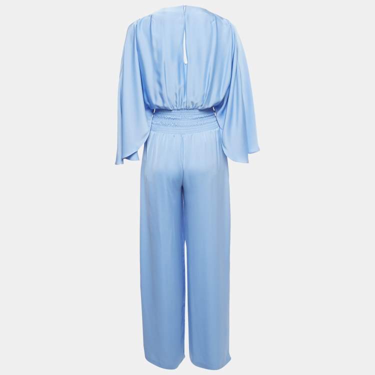 Pre Owned Ramy Brook Blue Satin Smocked V-Neck Jumpsuit XXS