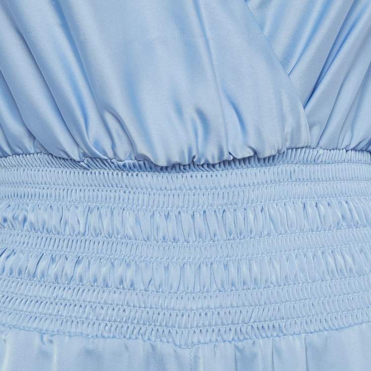 Pre Owned Ramy Brook Blue Satin Smocked V-Neck Jumpsuit XXS