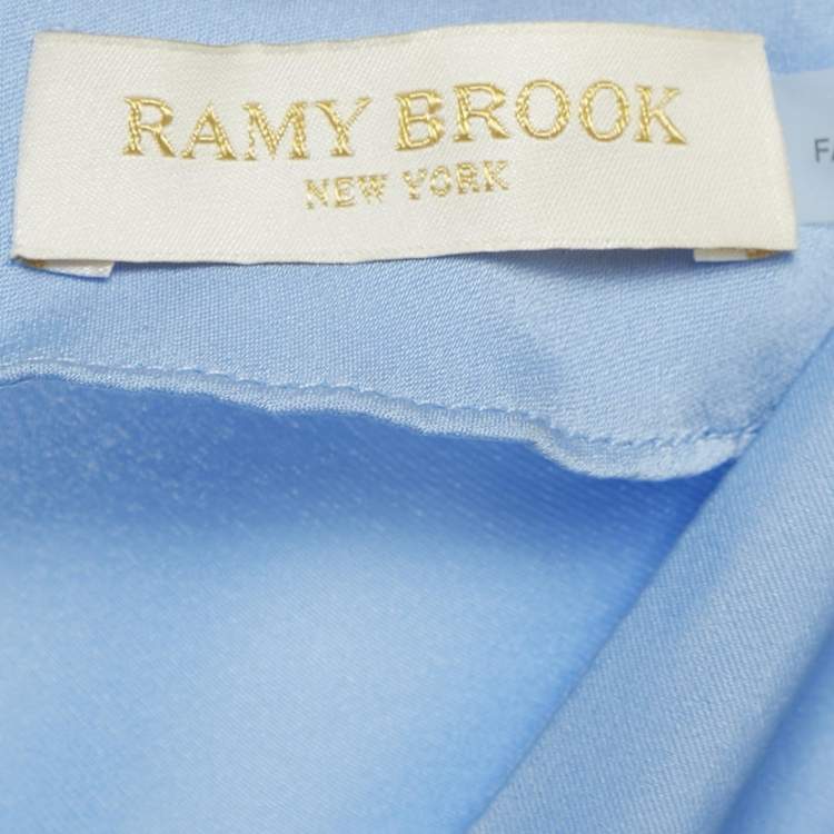 Pre Owned Ramy Brook Blue Satin Smocked V-Neck Jumpsuit XXS