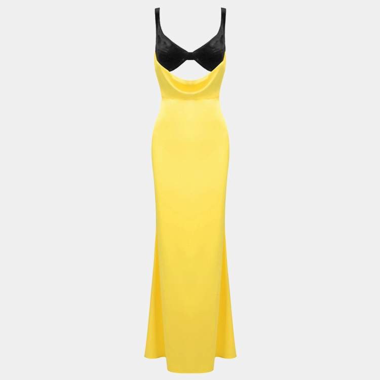 Pre Owned Rasario Yellow Velvet and Satin Cut-Out Maxi Dress XS