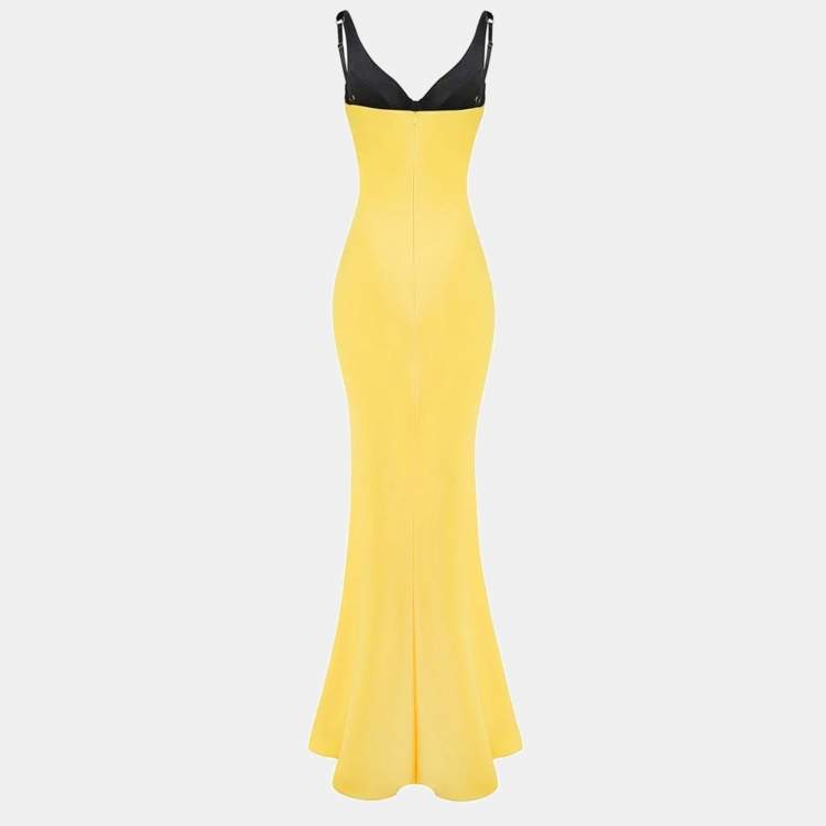 Pre Owned Rasario Yellow Velvet and Satin Cut-Out Maxi Dress XS