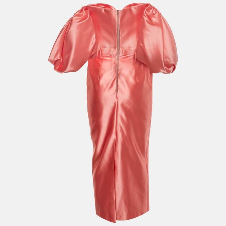 Pre Owned Rasario Pink Satin Puff Sleeve Strapless Corset Midi Dress S