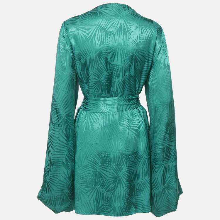 Pre Owned Rat & Bao Green Tropical Pattern Satin Mini Dress M