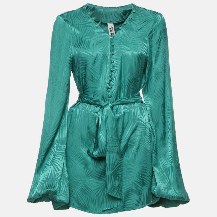 Pre Owned Rat & Bao Green Tropical Pattern Satin Mini Dress M
