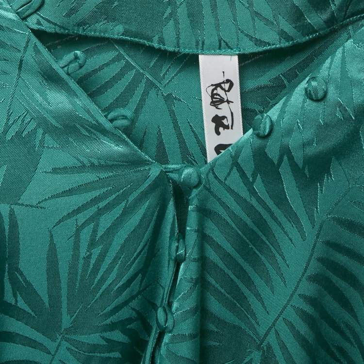 Pre Owned Rat & Bao Green Tropical Pattern Satin Mini Dress M