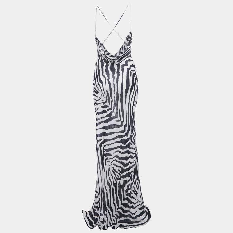 Pre Owned Rat & Bao White /Black Zebra Print Crepe Sheer Maxi Dess XS