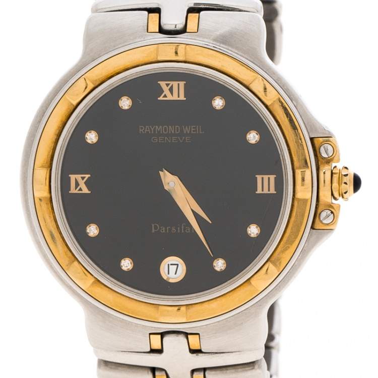 Pre Owned Raymond Weil Black Gold Plated Stainless Steel Parsifal 9190 Women Watch 35MM
