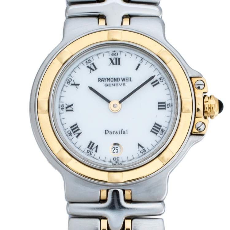 Pre Owned Raymond Weil White Yellow Gold Plated Stainless Steel Parsifal Quartz Women's Wristwatch 28 MM