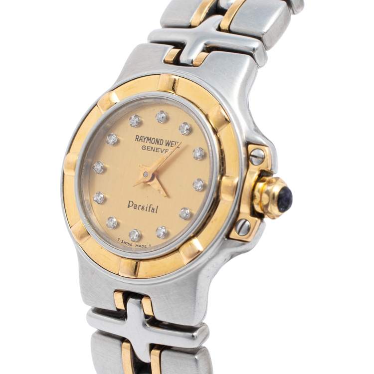 Pre Owned Raymond Weil Champagne Diamonds 18k Gold and Stainless Steel Parsifal 9690 Women's Wristwatch 23 mm