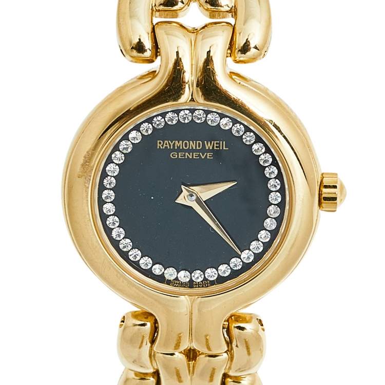 Pre Owned Raymond Weil Black Gold Plated Stainless Steel 5876/1 Women's Wristwatch 22 mm