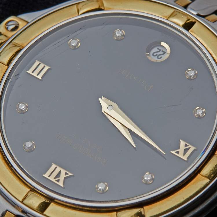 Pre Owned Raymond Weil Black Gold Plated Stainless Steel Parsifal 9190 Women Watch 35 mm