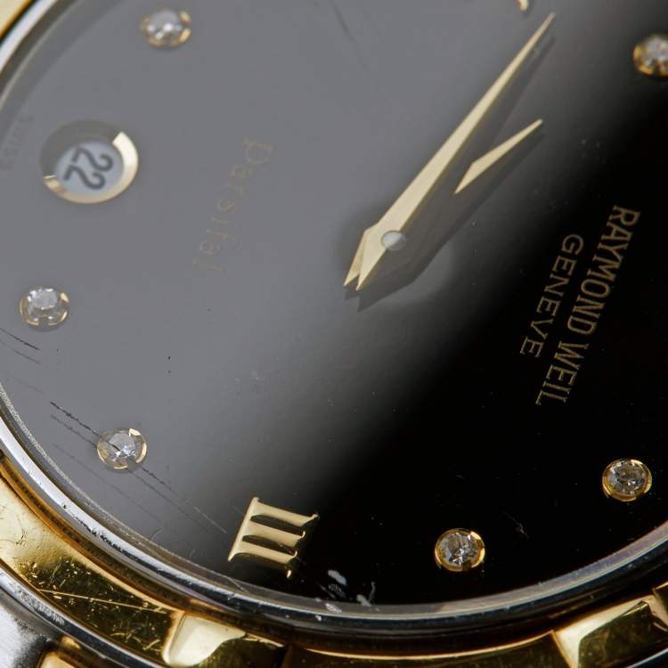 Pre Owned Raymond Weil Black Gold Plated Stainless Steel Parsifal 9190 Women Watch 35 mm