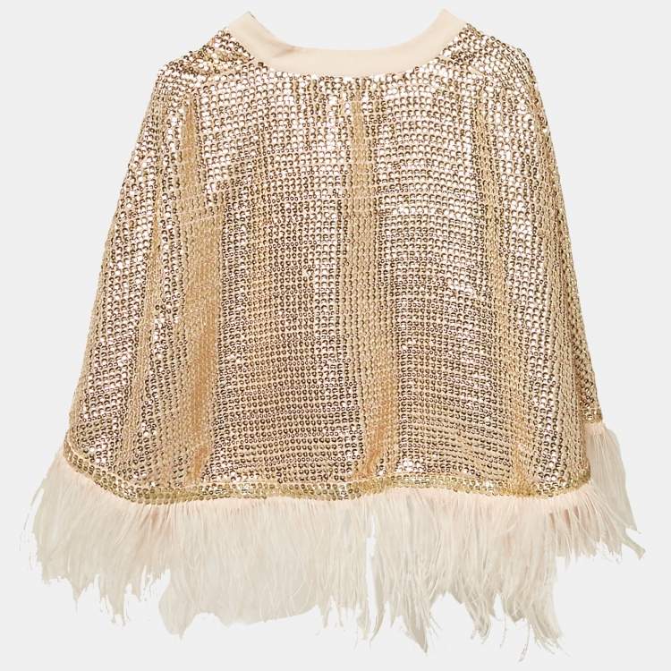 Pre Owned Rdalamal Gold Sequin Feather Detail Cape One Size