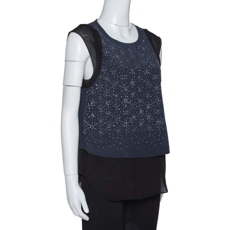 Pre Owned Rebecca Taylor Navy Blue Silk Crystal Studded Sleeveless Top M 