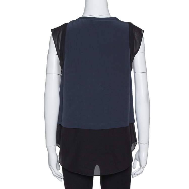 Pre Owned Rebecca Taylor Navy Blue Silk Crystal Studded Sleeveless Top M 