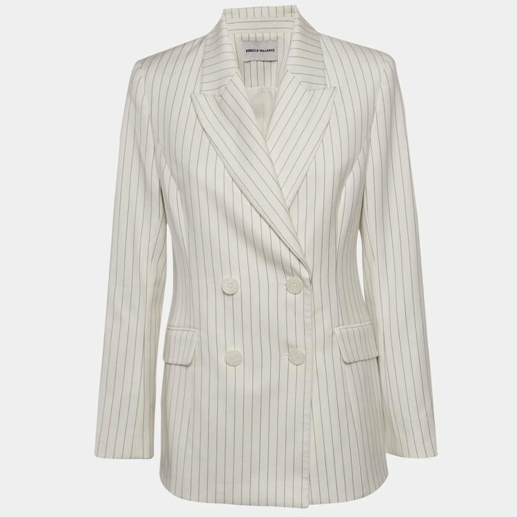 Pre Owned  Rebecca Vallance White Pinstriped Twill Double Breasted Blazer M