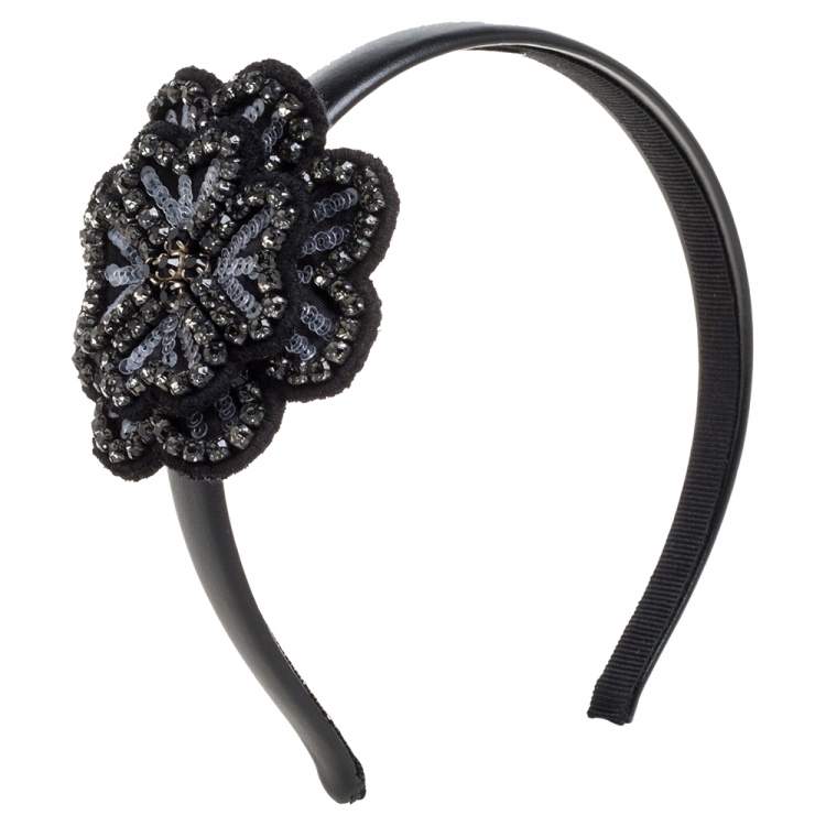 Valentino Black Leather Floral Detail Head Band Valentino | TLC